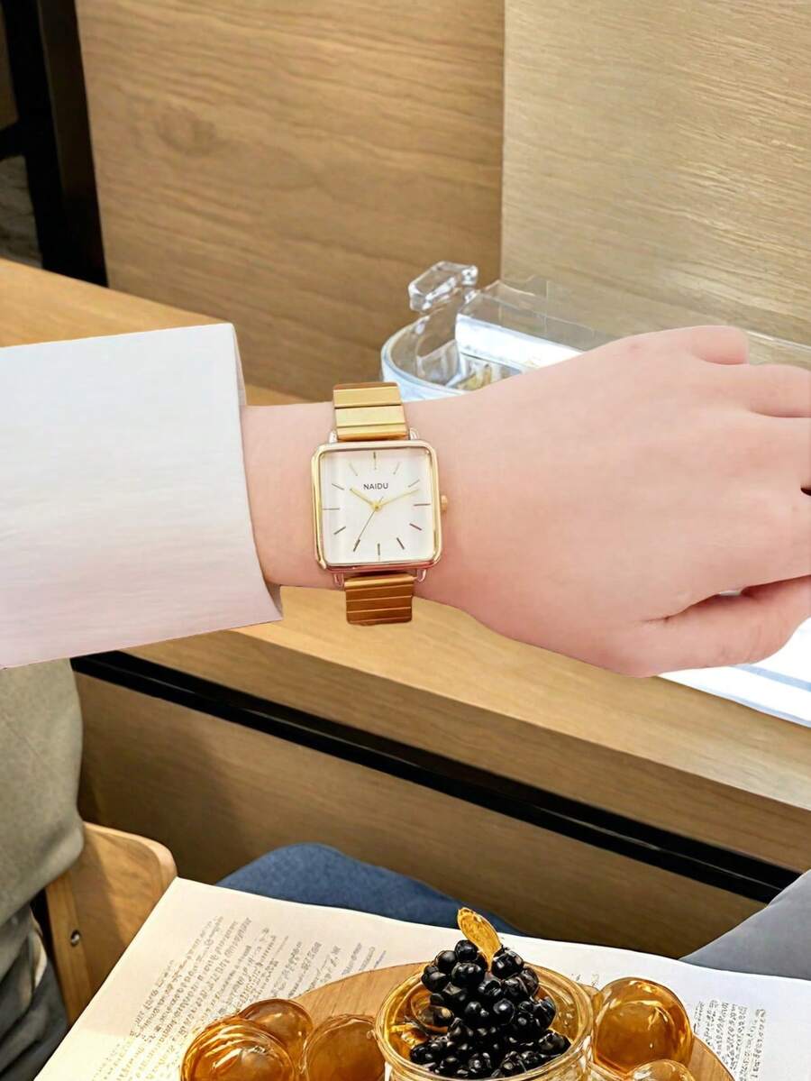 1 件女士方形休闲简约石英表，适合日常佩戴 - 金色 - 查看 1