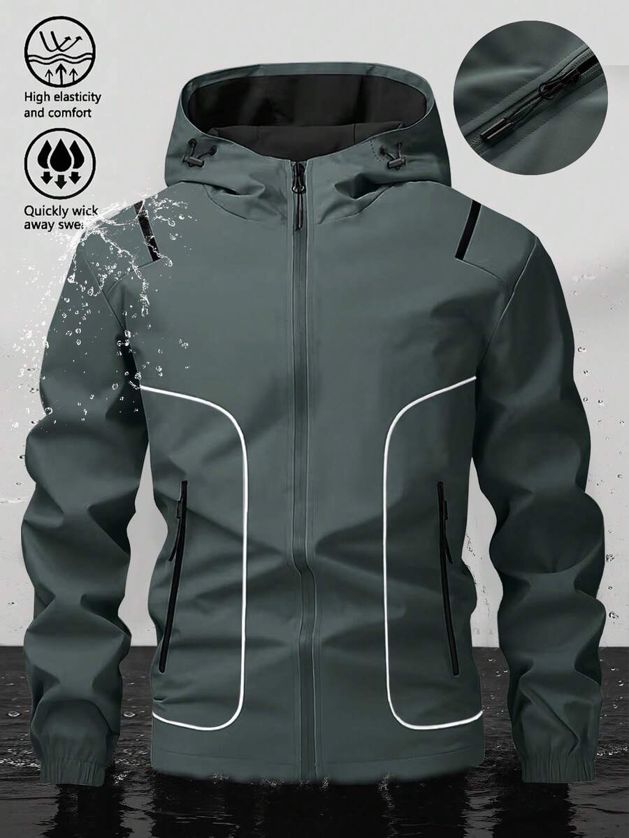 Men's Hooded Jacket With Zipper, Featuring Reflective Stripes For Fashion, Refined Zipper Design, Suitable For Sports Or Casual Wear - Dark Grey - View 1