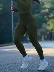 1件装女士纯黑色无缝提臀裤，蜜桃臀塑形瑜伽健身紧身裤，休闲运动服，高品质，稳定舒适，简约专业春季款 - 綠色 - 查看 7