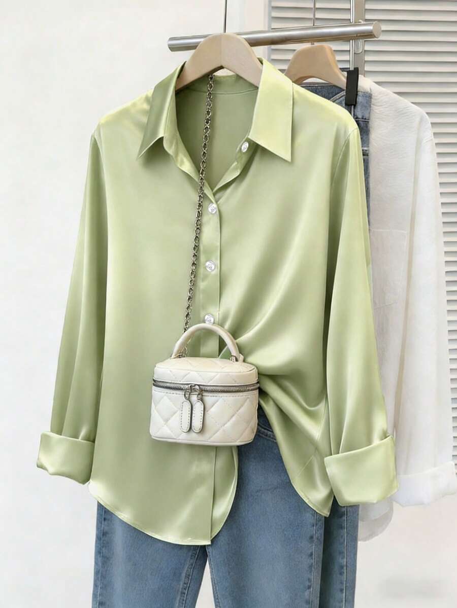 Plus Size Women's Fashion New Arrival Casual Satin Button-Up Shirt Spring - Champagne - View 1