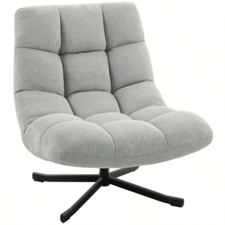 Swivel Armchair With A Wide Seat, Water-Repellent Chenille Effect, Crossed Steel Legs, Light Grey