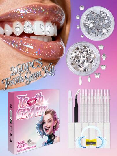 260pcs DIY Tooth Jewelry Kit, 9 Shapes Crystal Rhinestones, Beginner Tooth Decoration Set