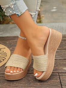 1 đôi sandal cao gót mùa hè dành cho tuổi teen, dây thừng gai dệt màu trơn thời trang, thiết kế tối giản, dép đế xuồng dày dặn, nhẹ và thoải mái, thích hợp cho sử dụng hàng ngày, kỳ nghỉ, dạo chơi, du lịch, đi biển. - Màu be - Xem 1