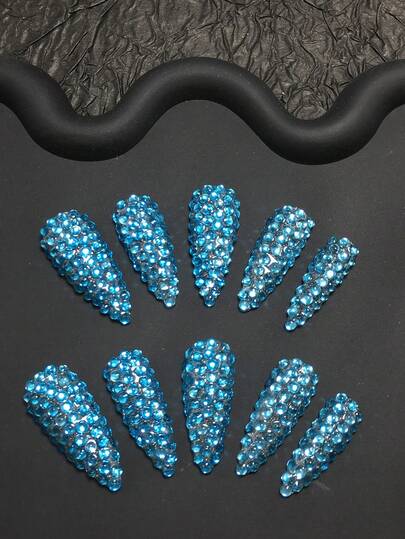 10 Pieces Handmade 3.3cm Slim High-Heeled Wearing Armor, Paired With Blue Full Diamond Decoration, Nail Sticker Set, Suitable For Women And Girls, Valentine's Day, Parties, Festivals, And Daily Wear. Nail Accessories, Acrylic Nail Kit, Including Kit, Hand Pressed Nail Art, Fake Nail Stickers, And Nail Supplies.