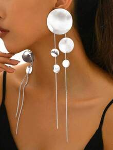 新款流苏长款光滑圆形极简主义夸张欧美风格耳环 - 銀色 - 查看 2