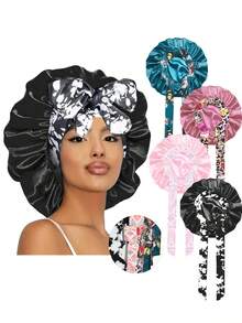 4pcs Silk Sleep Cap, Adjustable Tie, Unisex, Satin Material, Sleep Hat (Random Print Pattern) - 4pcs Black + Green + Pink + Leopard Print - View 27