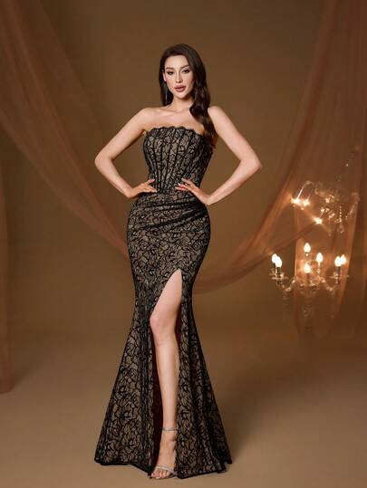Magiacy 女士夏季黑色蕾丝无肩带心形领口束身胸衣褶皱高开衩鱼尾长裙，性感优雅及地长裙，适合婚礼宾客、晚宴、约会、度假、正式舞会等场合。