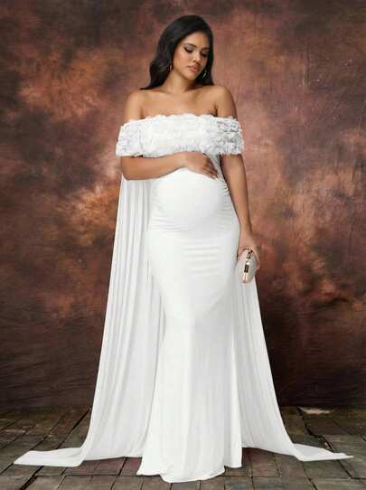Irresista Maternity Floral Off-Shoulder Dress For Baby Shower, Mesh Cloak Maxi Women Outfit Photoshoot Prop