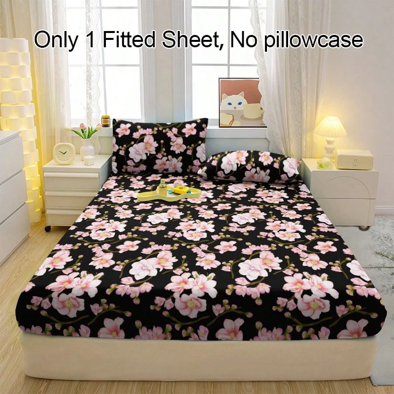 1pc Peach Blossom Branch Pattern Breathable Fitted Sheet, Soft & Comfortable Mattress Cover For Bedroom, Guest Room And Dormitory, Mattress Protector, Bedding Set (Pillow Case Not Included) - Multicolor - View 1