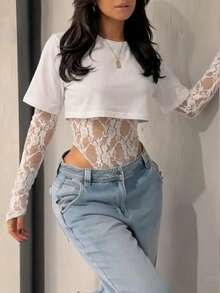 Blusa corta de mujer de encaje transparente y manga corta, body sexy de unicolor con parches de encaje transparente para uso diario, citas, fiestas de solteros, escenario y conciertos, primavera/verano, elegante en blanco - Blanco - Ver 4