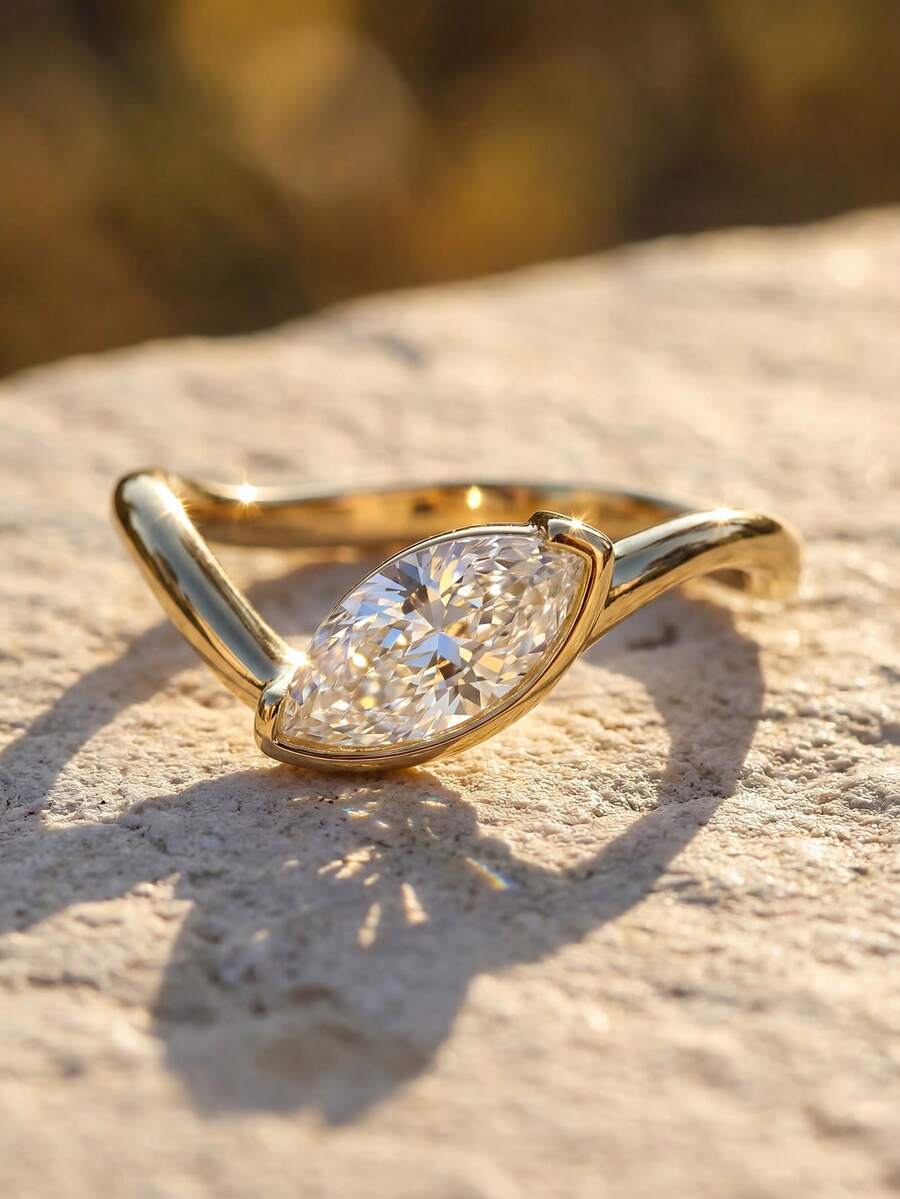 1pc 925 Sterling Silver Classic Elegant Horse Eye Shaped Zirconia Ring, Women Jewelry, Party Gift, Birthday Gift, Daily Wear - 馬眼波浪 - 查看 1