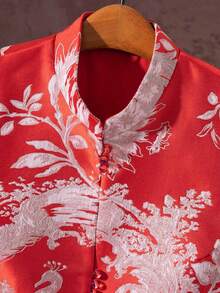 This Red Vest With A Peacock Tail Pattern And A Stand-Up Collar Is Perfect For Spring And Summer. It's A Lightweight, Sleeveless Tang-Style Vest, Ideal For Elegant And Casual Wear. Comfortable, It Features A Cardigan Design With Side Slits. Suitable For Everyday Wear, Casual Outings, Vacations, Social Gatherings, Parties, Holidays, And Celebrations. - 紅色 - 查看 5