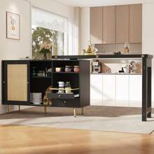 360° Swivel Bar Table (Main Body Dimensions: 107 X 40 X 71.4 Cm), Black Extendable Designer Bar Table, Storage Unit With Rattan Door And Open Shelf, Ideal For Kitchen And Dining Room. - 黑色 - 查看 6