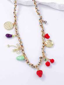 1件创意简约设计绳链锌合金樱桃茄子吊坠项链，女士休闲款 - 穿繩項鍊 - 查看 5