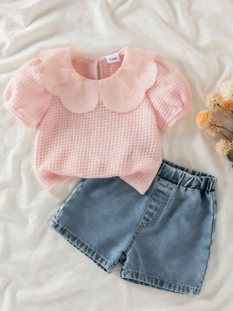 2pcs Baby Girls Ruffle Collar Puff Sleeve T-Shirt And Denim Shorts Set, Casual Versatile Daily & Holiday Outfit - Pink - View 1