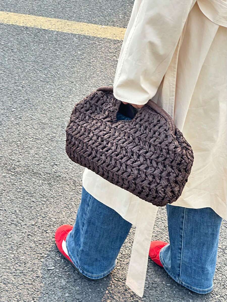 2026新款手工编织女包，沙滩度假手提包，单肩包，斜挎包，草编包 - 咖啡 - 查看 1