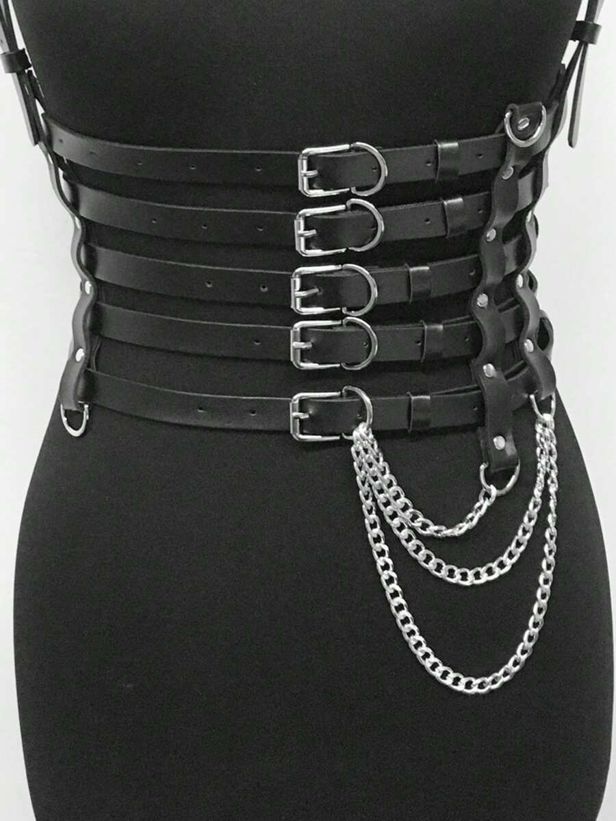 Handmade PU Leather Harness Corset With Chains, Women's Harness Belt Black Pu Leather Body Harness Chain, Gothic Rave Outfit Belt. - Nhiều màu - Xem 1