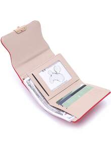 New Red Short Wallet, High-Quality PU Leather Minimalist Fashion Versatile Trifold Wallet, Bank Card Holder, Personalized Metal Buckle Student Coin Purse, Daily Use Card Case, Party Clutch, Student Change Purse, Birthday Gift Card Holder - Red - View 10