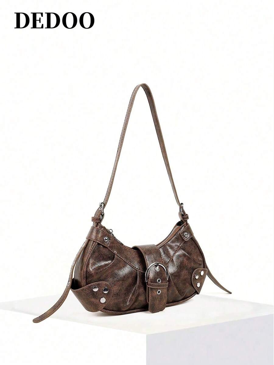 Dedoo 轻便复古女包：朋克哥特风Y2K风格纯素皮革机车包，饰有铆钉、金属链条和可调节肩带——适合青少年、大学生、街头时尚、音乐会、音乐节和个性穿搭。2000年代时尚女包
