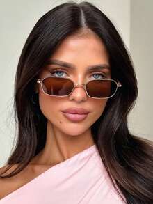 1pc Asymmetrical Polygon Small Frame Vintage Personalized Fashion Glasses, Multifunctional Y2K Geometric Pattern Women's Glasses, Suitable For Travel, Vacation, Beach Accessories - Brown - View 3