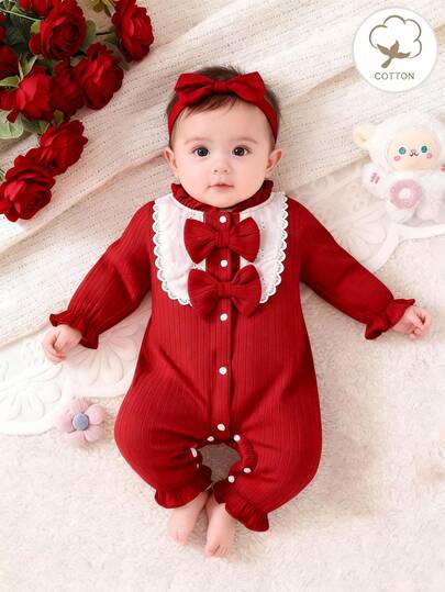 新生女宝宝粉色罗纹针织可爱荷叶边领蕾丝拼接双蝴蝶结按扣长袖连体衣配发带（适合作为一周岁生日礼物和日常穿着）