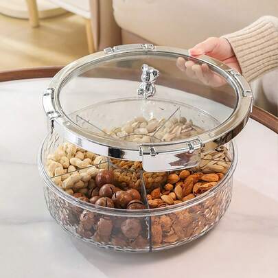 1pc Large Capacity Serving Tray With Moisture-Proof Sealing Cover, Transparent Plastic Round Snack Plate, Multi-Compartment Fruit Tray For Dried Fruit Nuts, Candy, Dessert, Snack, Perfect For Restaurants, Living Room, Kitchen, Party, Wedding, Holiday