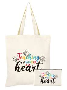 1件/2件/4件套，大容量教师主题帆布手提袋和便携式拉链铅笔盒收纳袋套装，附赠感谢卡和苹果钥匙扣帆布组合套装，返校季、毕业季、教师节必备礼物，多功能购物袋、书包、文具袋套装 - 米色 - 查看 22