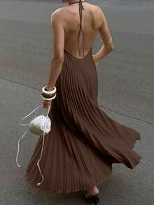 2026 Spring/Summer New Elegant Casual Commute Daily Date Holiday Travel Tea Party Beach Backless Halter Beige Dress, Suitable For Valentine's Day Date, Daily Wear, Party, New Year, Street Style, Graceful Attire, Ladies' Elegant Top, Summer Holiday Outfit - Brown - View 4