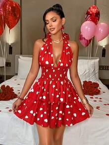 AIJ 2026 Valentine's Day New Polka Dot Sleeveless Deep V-Neck Open Back A-Line Mini Dress - Sexy Summer Vacation Sundress - White Heart On Red Background - View 8