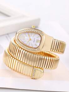 新品热销蛇形环绕腕表，时尚个性石英表，配水钻皮革表带 - 銀色 - 查看 8