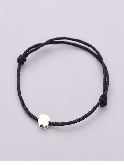 HuooNew Minimalist 925 Sterling Silver Bracelet With Four-Leaf Design, Black Braided Cord, Adjustable Length, Ideal For Daily Wear, Women's Jewelry & Gift