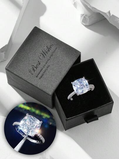 Gift Box Luxury Cubic Zirconia Ring, High-End Jewelry For Women's Party & Formal Occasions, Made Of Copper Material That Won't Fade Or Cause Allergies, Ideal Holiday Gift