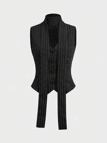 Elegant Minimalist Holiday Party Commute Daily Business Vest Suit Co-Ord Sets For Women, Autumn Vest Suit Waist Cinched Fitted Suit Skirt Women's Set Black Summer - Black - View 9