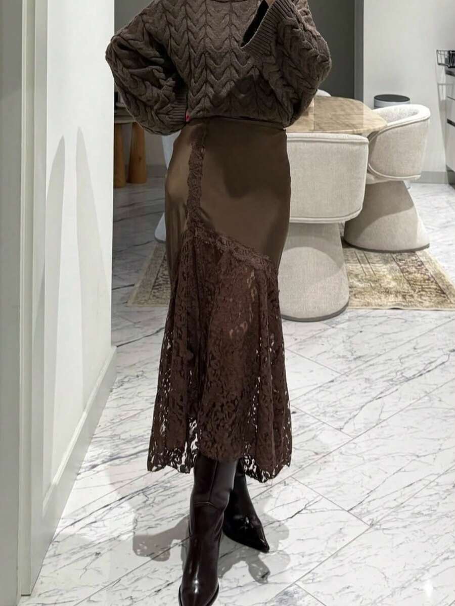 GMFP 女士休闲优雅时尚纯色侧拉链宽松棕色蕾丝缎面度假派对半身裙，适合音乐节/婚礼季、春夏穿着。 - 棕色 - 查看 1
