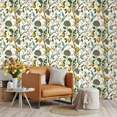 1 Roll Vintage Thickened Fruit Tree & Bird Pattern Wallpaper, DIY Waterproof & Stain-Resistant Easy To Clean For Kitchen Cabinet Desk Chair Room Decor Renovation, Ethylene Self-Adhesive Paper, 45CM*100CM/300CM/500CM