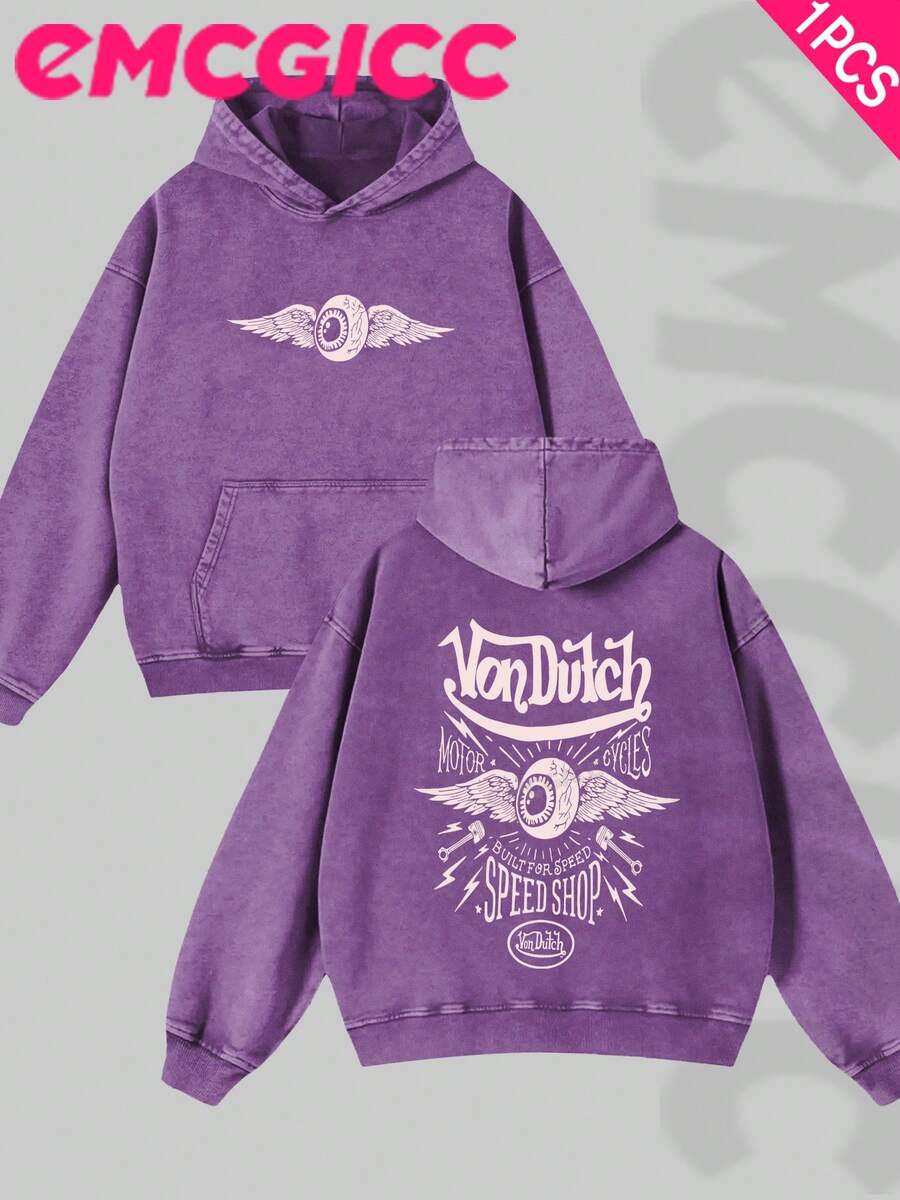 EMCGICC Manfinity Y2k Men Washed Hoodie,Street Outdoor Life Hip-Hop Style Christmas Thanksgiving Gifts Men's Sweatshirt Washed Hoodie - Retro Distressed Washing Process Long Sleeves Regular Fit Street Style Digital Printing Casual Pullover With Kangaroo Pocket Ideal Gift - Màu tím - Xem 1