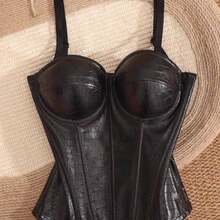 Structural Gothic Punk Corset Top In Black PU Leather, Featuring Reinforced Boning, Adjustable Spaghetti Straps & Built-In Padded Support For A Defined Silhouette, Edgy Retro Style Ideal As A Statement Piece For Urban Outfits, Celebrations, Halloween Events & Romantic Evenings - 黑色 - 查看 4