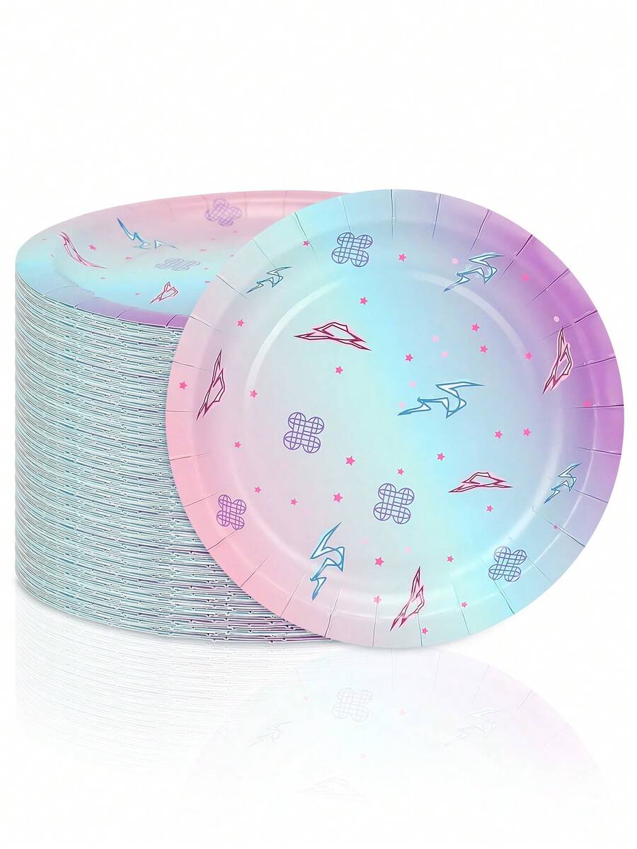 10pcs/30pcs/50pcs Kpop Themed Plates Pink Blue Purple Gradient With Lightning Bolt & Kpop Logo Dinner Dessert Plates Suitable For Kpop Birthday Party Fan Meeting Decorations Paper Plates For K-Pop Music Singer Party Supplies - Multicolor - View 1