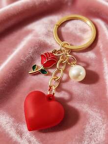 1pc Heart-Shaped Rose Flower Keychain, Couples Gift, Keyring, Bag/Backpack Charm, Car Pendant, Suitable For Women, Valentine's Day, Birthday, Wedding Gift - Multicolor - View 11