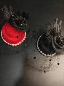 1件女士头饰帽，带网纱面纱、羽毛花朵和珍珠饰边，复古优雅鸡尾酒会头饰，红、白、黑三色可选，是婚礼、肯塔基德比、下午茶派对和复古主题活动的理想之选 - A - 查看 10