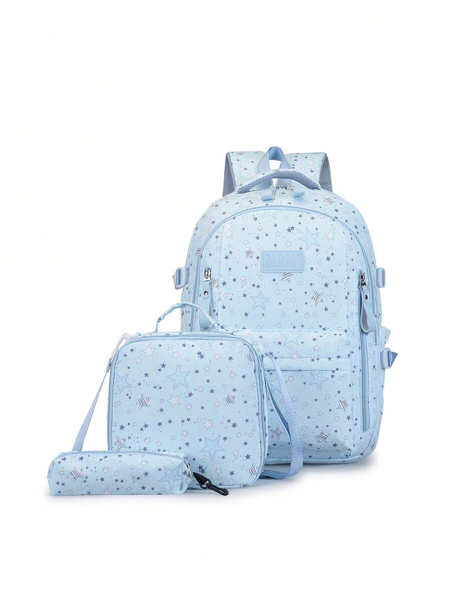 Women's Half-Shell Gauze Backpack Kit, Lightweight And High-Value, Simple, For Campus, Large Capacity, School Backpack, With Thermal Lunchbox. - Baby Blue - View 1