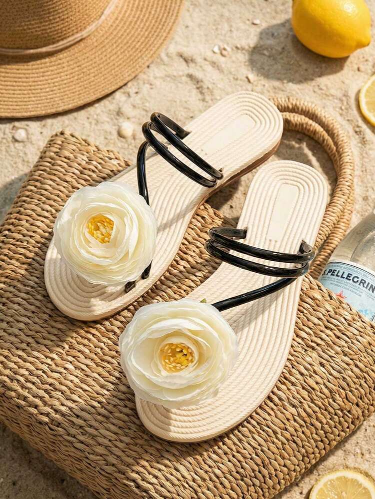 planare Women 3D Floral Decor Flip Flops, Beach Holiday Sandals - Black - View 6