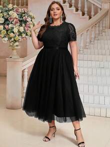 女士大码纯色优雅鸡尾酒连衣裙，网纱透视刺绣蕾丝拼接，适合约会之夜、可爱派对、正式晚宴、婚礼、春夏秋季等场合。 - 黑色 - 查看 7