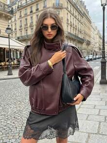 Women's Red PU Leather Jacket, Autumn/Winter Bomber Jacket Outerwear, Tops, Autumn Ladies Jacket, Long Sleeve Tops, Winter Button Coat - Redwood - View 2