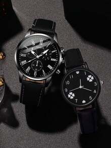 Set de 4 piezas que incluye: Cinturón casual y versátil de moda, Reloj de cuarzo unisex + Collar con colgante con forma de corazón - Negro - Ver 2