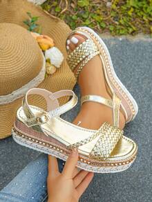 A Pair Of Woven Women's Wedge Heel Thick-Soled Sandals With Rivet Decoration, Fashionable Thick-Soled Golden Wedge Heel High Heels, Resort Style, Suitable For Daily Wear In Summer, Golden Sandals For Women - 金色 - 查看 2