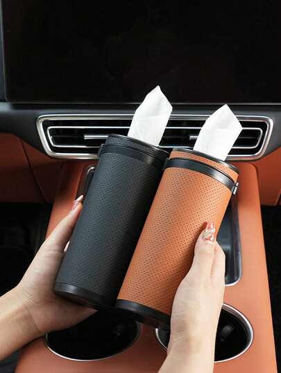 1Pc Round Car Tissue Holder With Window Breaker, Premium ABS & Leather-Style Dispenser, One-Hand Pull, Cup Holder Fit, Universal For All Vehicles SUVs Trucks