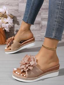 1 Pair Women's Solid Color Lotus Flower Casual Beach Resort Sandals, Cute, Sexy, Suitable For Summer, Beach, Wedding, Home, Wedge Thick Bottom - Apricot - View 5