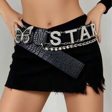 Valentine's Day Rhinestone Letter Belt, New D.I.A Metal Plate Linked Crocodile Texture Butterfly Shiny Leather Belt, Y2K Versatile Casual Street Style Waist Belt - Multicolor - View 7