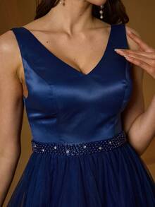 Mgiacy New V-Neck Elegant Plus Size Puff Dress Pearl Decor Mesh Long Dress, Summer Wedding Party - Blue - View 8
